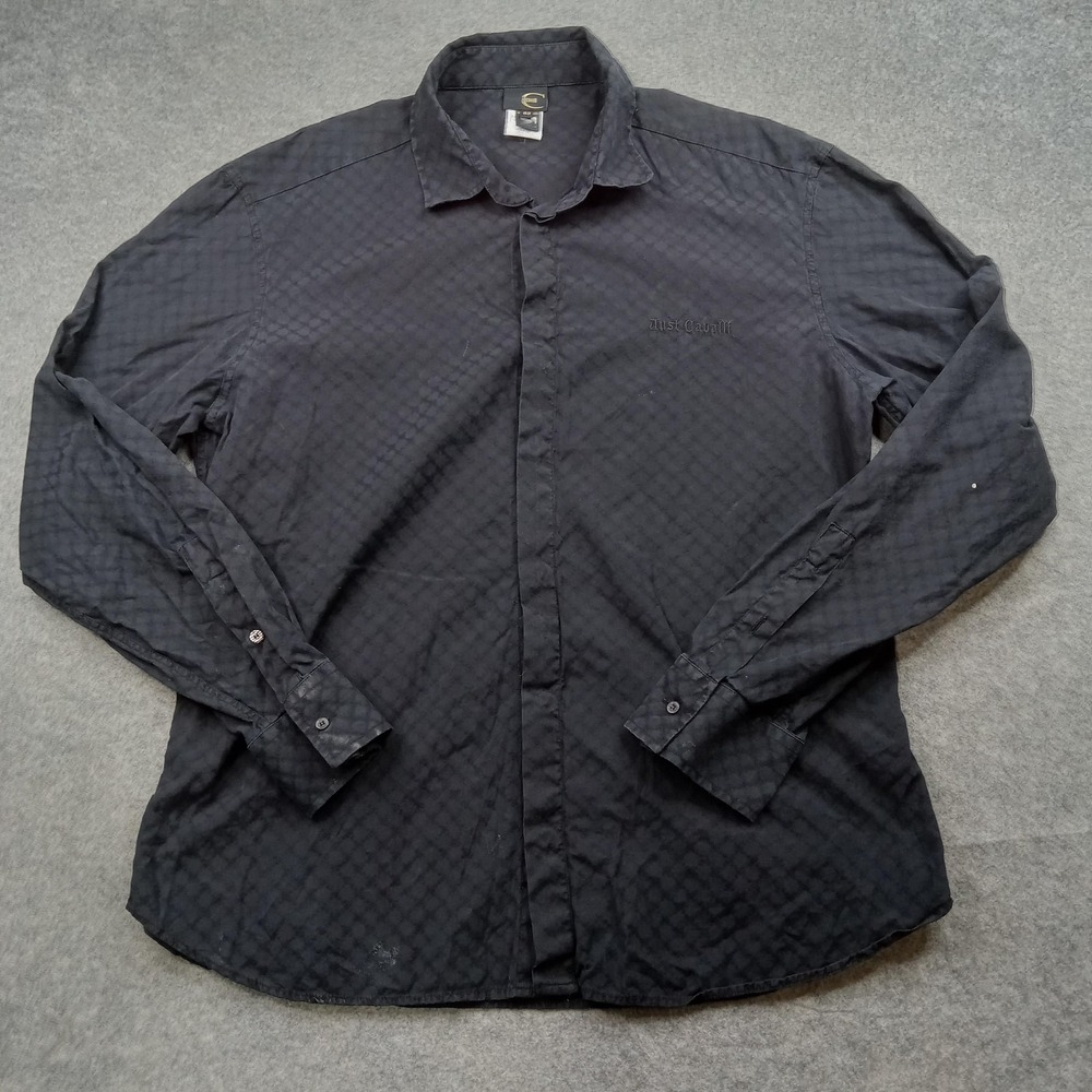 Just Cavalli Mens 62 Black Textured Geometric Button Up Shirt Made In Italy